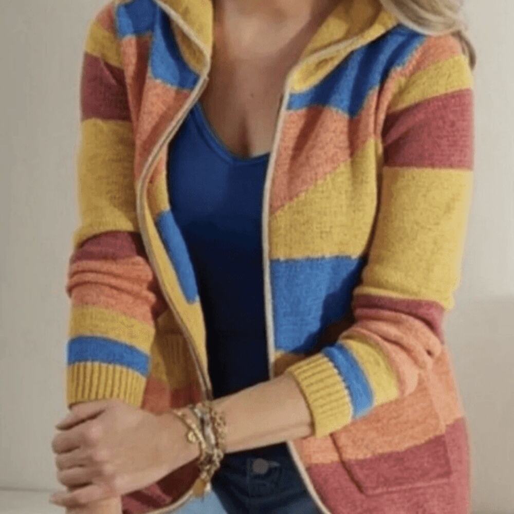 Soft Surroundings Striped Hooded Cardigan in Yellow, Blue & Rust